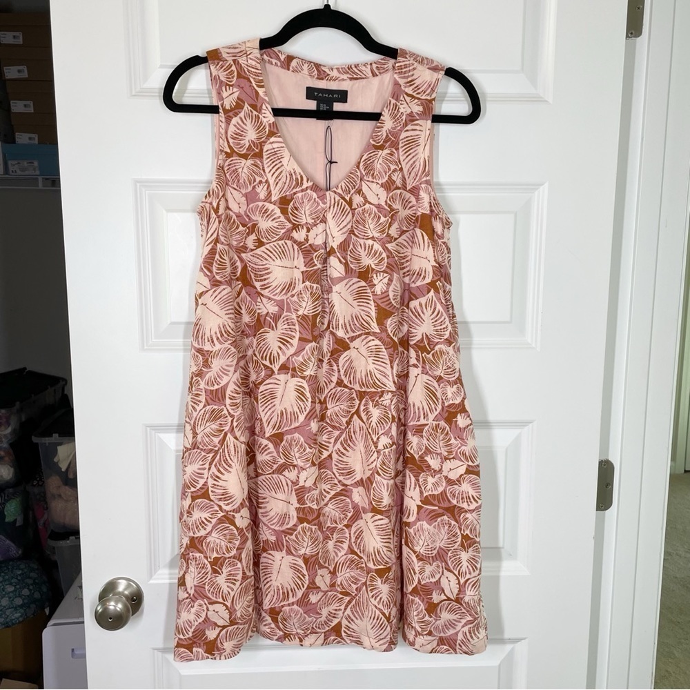 New Tahari Palm Leaf Floral Tropical Cruise Linen Sleeveless Shift Dress